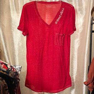 Vibrant Red V-Neck Tee with Embroidery
